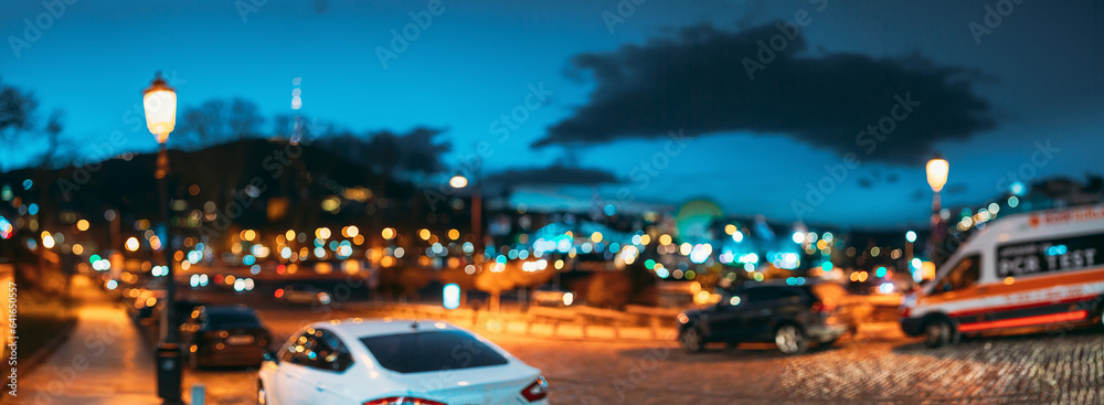 Panoramic Streetview Night Boke Bokeh Blurred Background. Blurred Boke Bokeh Background Of City Nigh