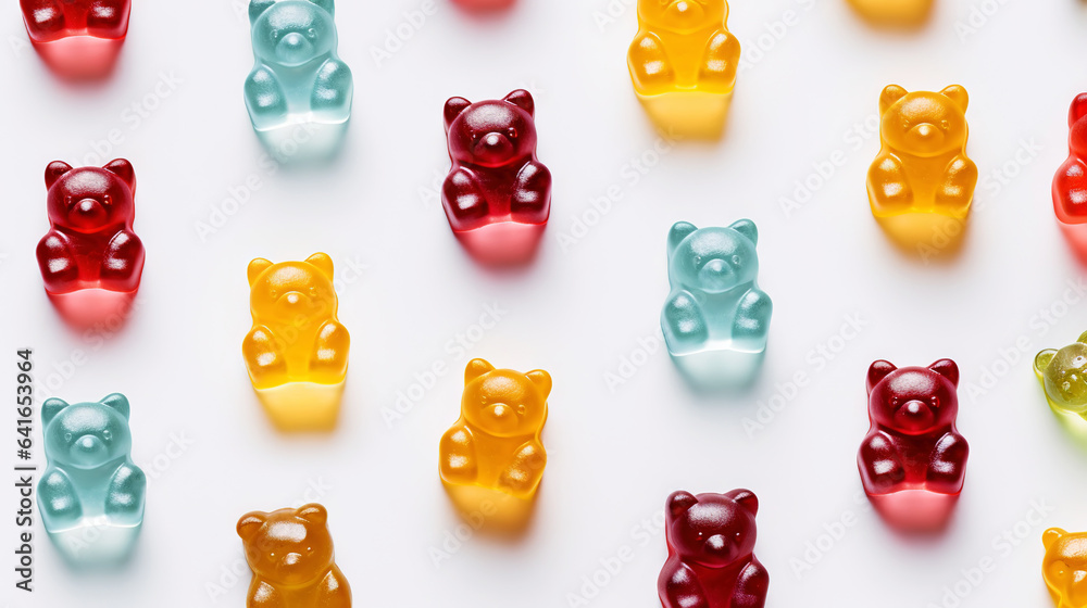 Gummy Jelly Bears Candies background. Sweet tasty backdrop. Generative AI