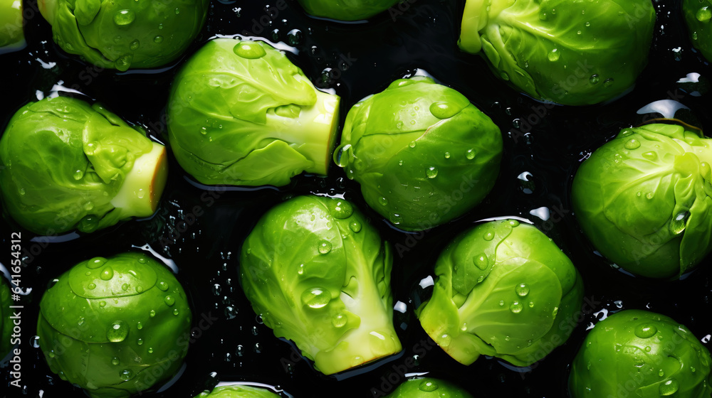 Fresh green brussels sprouts with water drops background. Vegetables backdrop. Generative AI