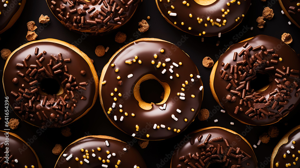 Donut with chocolate glaze background. Round american chocolate doughnuts. Generative AI