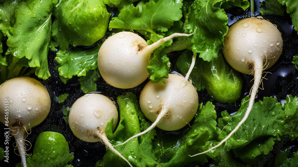 Fresh turnips with water drops background. Vegetables backdrop. Generative AI