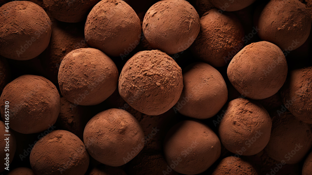 Chocolate truffles background, top view. Sweet cocoa candy. Generative AI