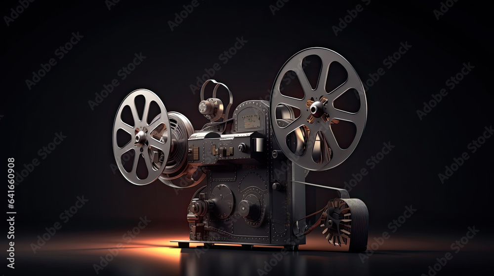 A movie projector and film reels on a dark background. Cinema concept. Generative Ai