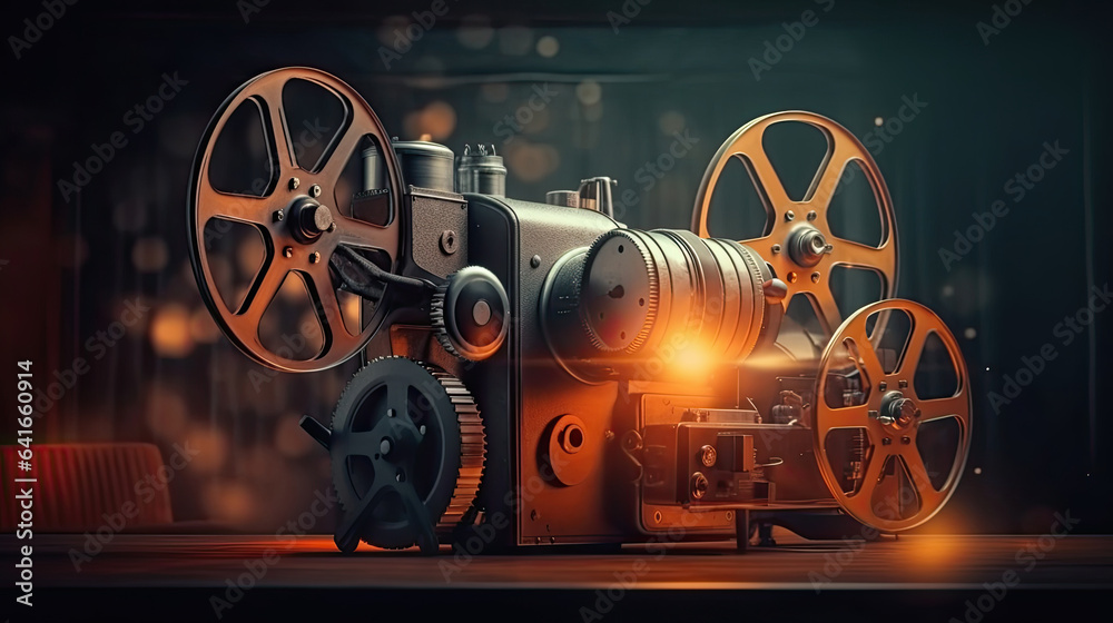 A movie projector and film reels on a dark background. Cinema concept. Generative Ai