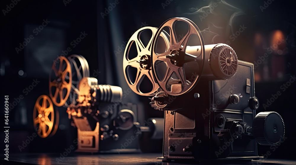 A movie projector and film reels on a dark background. Cinema concept. Generative Ai