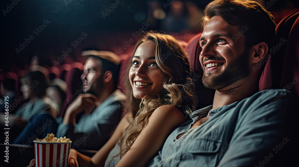 A young joyful couple in the cinema, watching an exciting movie. Cinema concept. Generative Ai