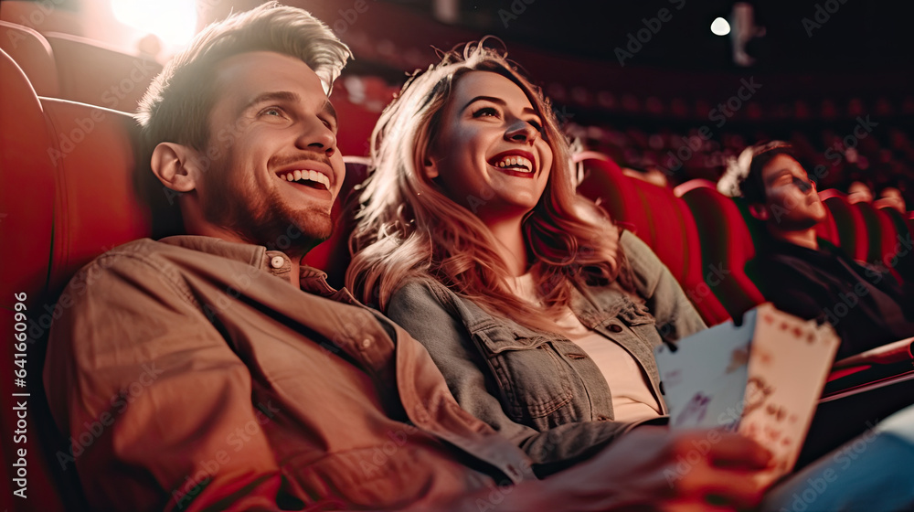 A young joyful couple in the cinema, watching an exciting movie. Cinema concept. Generative Ai