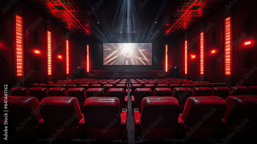 Cinema interior of movie theatre with empty red and black seats with copyspace on the screen and glo