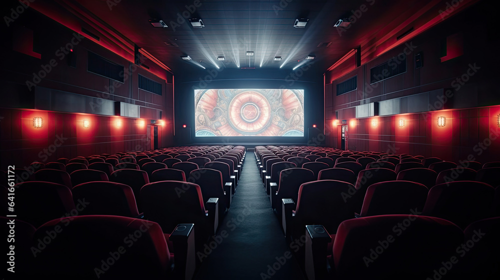 Cinema interior of movie theatre with empty red and black seats with copyspace on the screen and glo