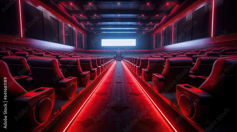 Cinema interior of movie theatre with empty red and black seats with copyspace on the screen and glo