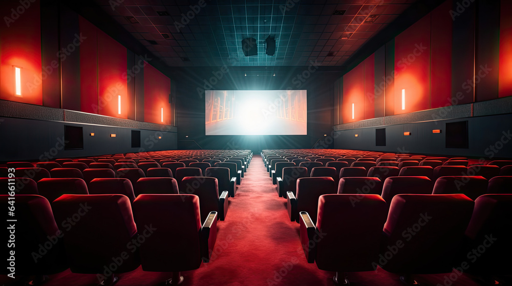 Cinema interior of movie theatre with empty red and black seats with copyspace on the screen and glo