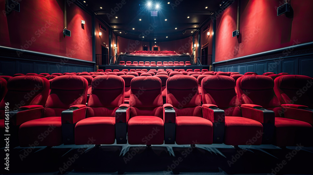 Empty comfortable red seats in cinema. movie. Generative Ai