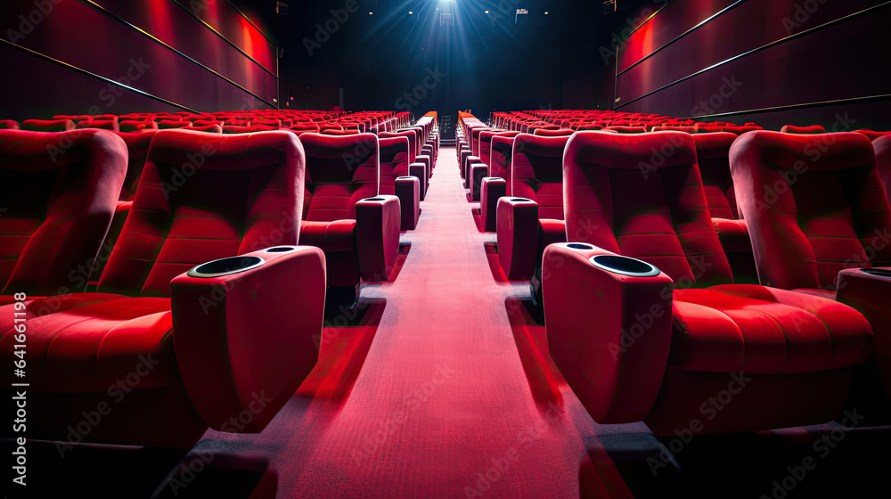 Empty comfortable red seats in cinema. movie. Generative Ai