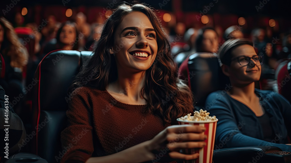 Young woman with friends watching movie in cinema and laughing with popcorns and drinks. Cinema conc