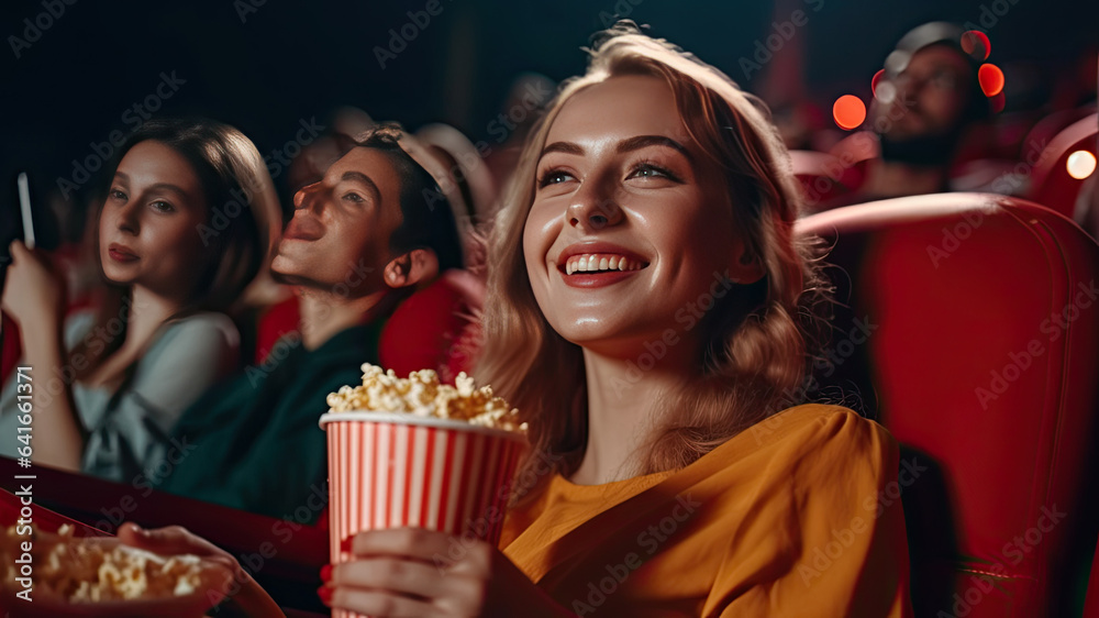 Young woman with friends watching movie in cinema and laughing with popcorns and drinks. Cinema conc