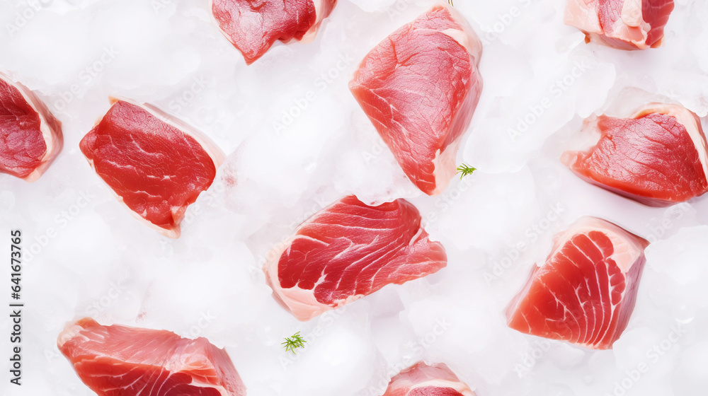 Slices of tuna fish on the ice cubes. Fresh fish fillet. Seafood background. Generative AI