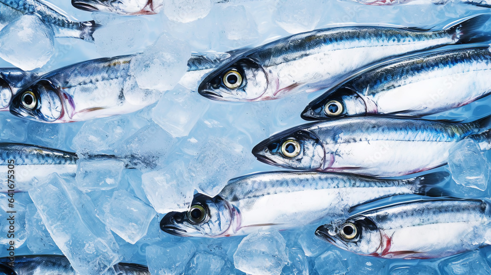  Fresh sardines on ice. Seafood background. Generative AI