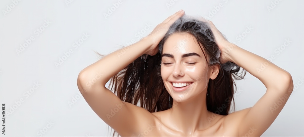 Woman is taking a shower and shampooing his hair in the shower washing his hair with shampoo and con