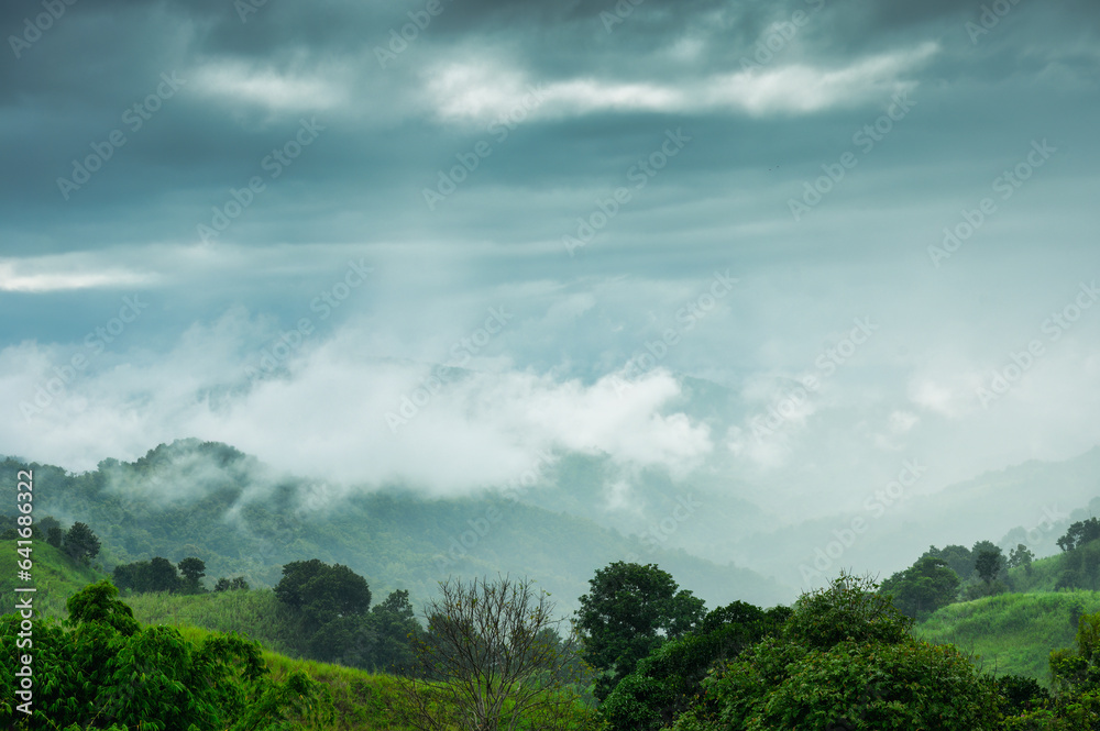 View of  foggy on mountain in tropical rainforest at the morning