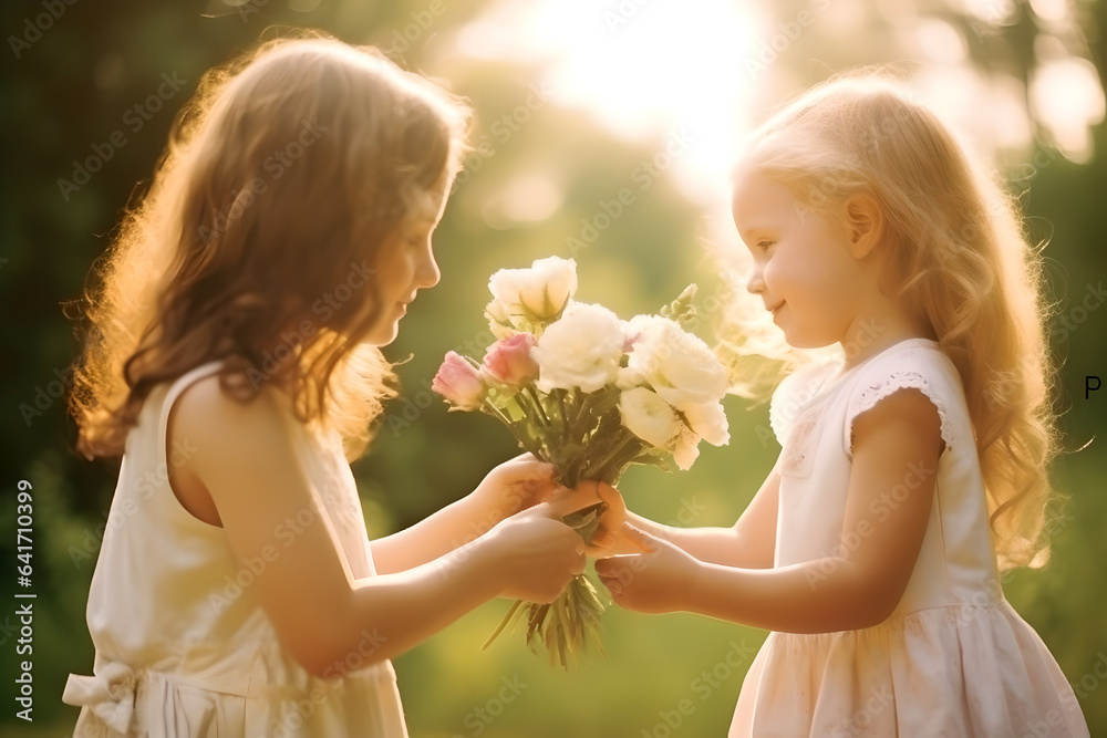 Happy children giving flowers to her friend while playing outside at the park