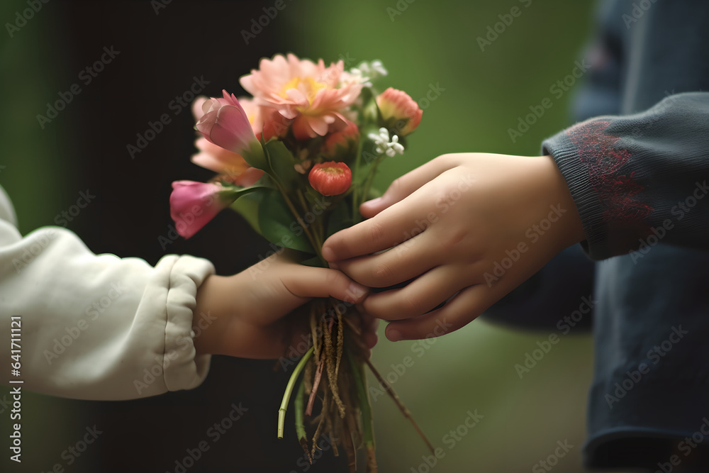 Cllose up happy children giving flowers to her friend while playing outside at the park