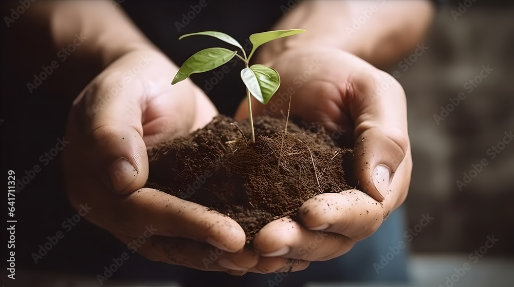 Female hand holding a sapling with soil. Close up hands holding new growth plant, Sign of new life a