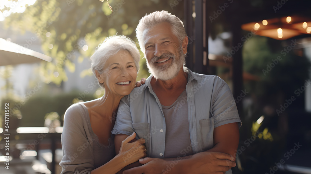 Portrait of happy senior couple smiling while holding each other outdoor restaurant, smiling senior 