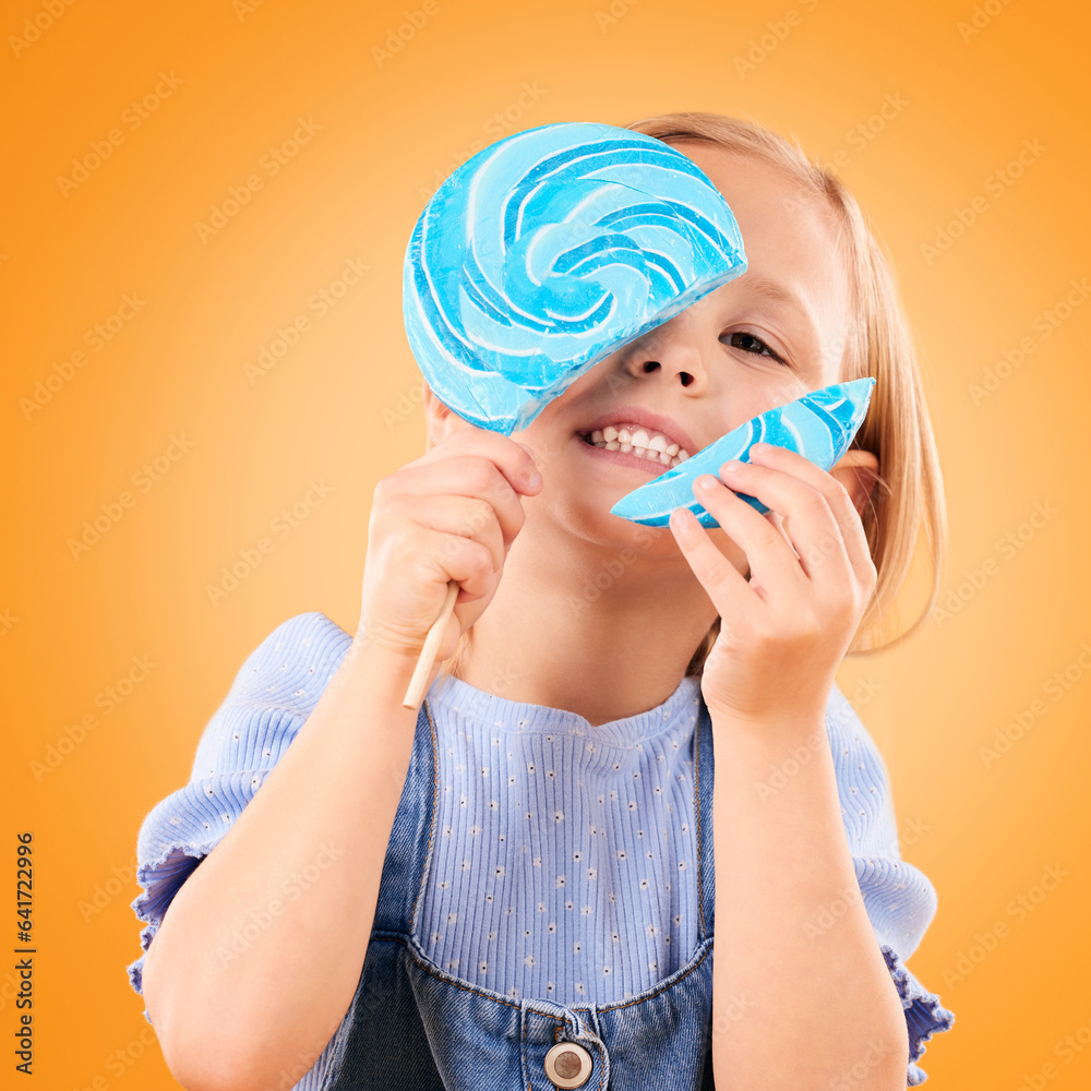 Broken lollipop, candy and a child in studio for sweets, color spiral or sugar for energy. Portrait 