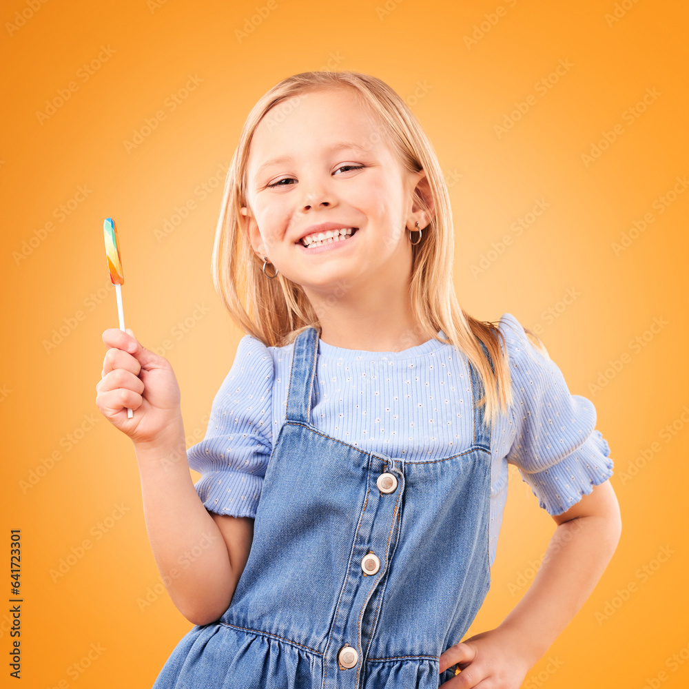 Child, lollipop or candy portrait in studio for sweet tooth, color spiral or sugar for energy. Face 