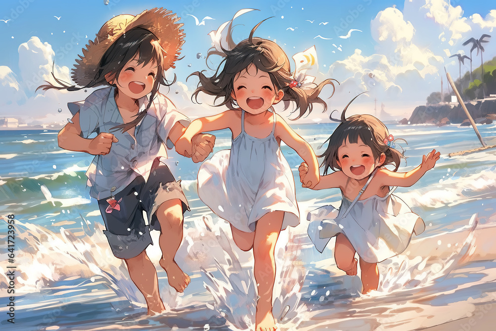 A group of children are playing happily on the beach of the island