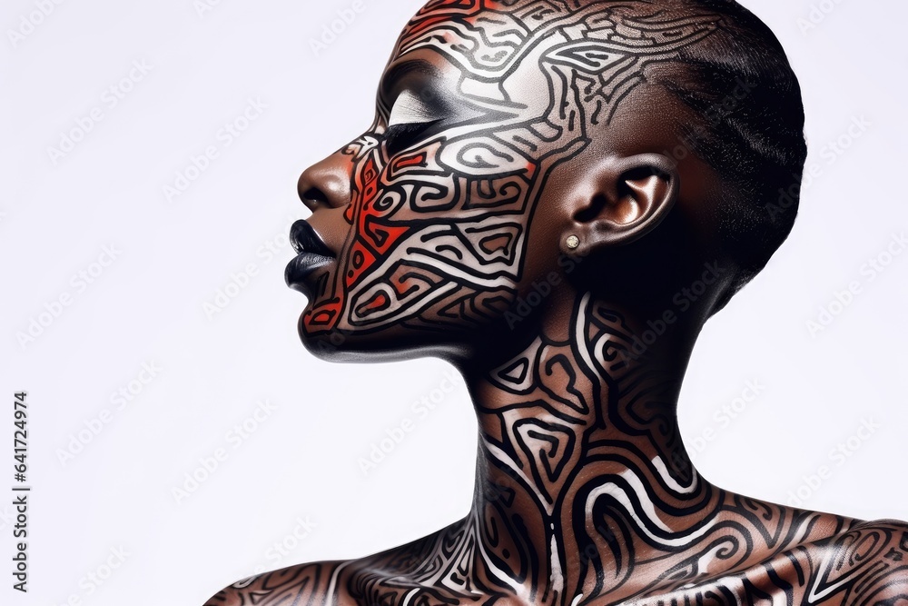 Beautiful glamour African woman with black skin body art.