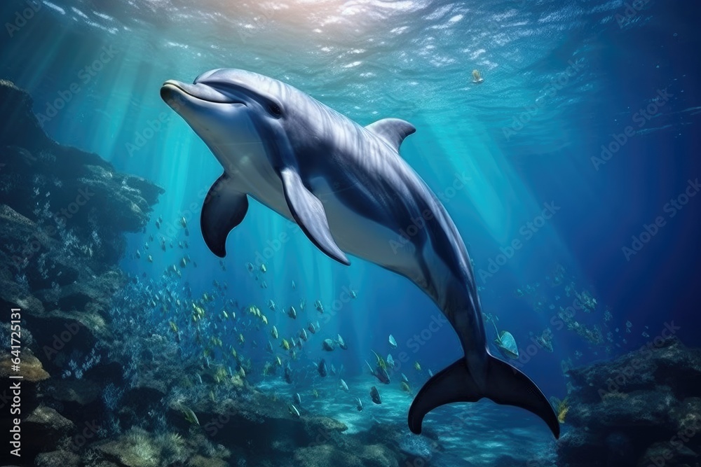 Dolphin swim in the blue sea in a picturesque place