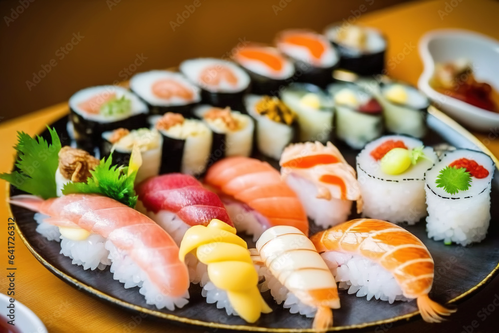 Assorted sushi nigiri and maki set. A variety of Japanese sushi.