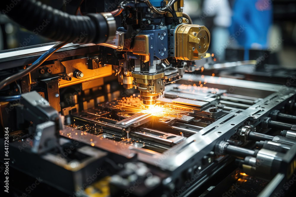 Factory robotic arms do welding techniques; send out sparks.