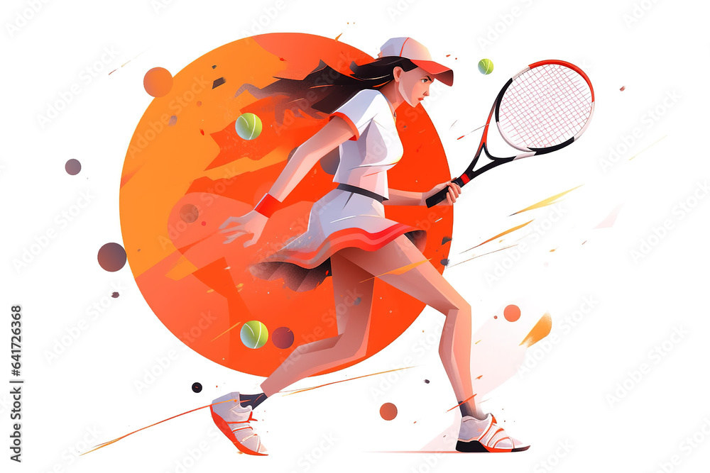 Contemporary art collage. Young girl, professional tennis player in motion during a match on an abst