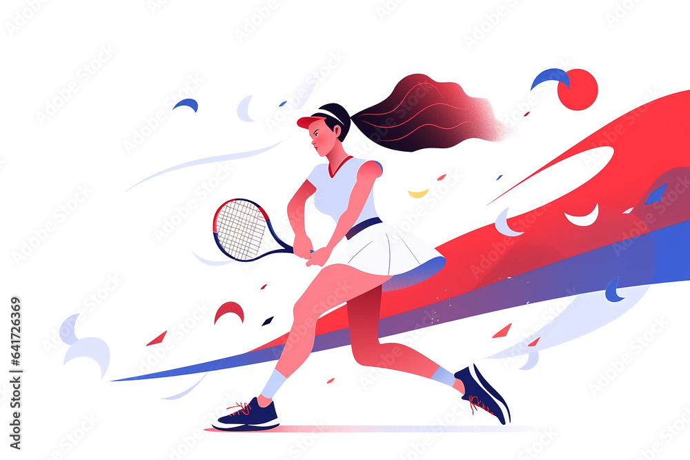 Contemporary art collage. Young girl, professional tennis player in motion during a match on an abst