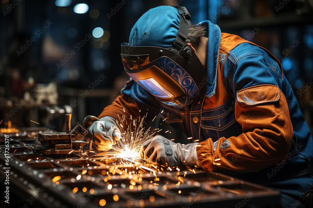 Factory workers welding in helmets; sending out sparks.