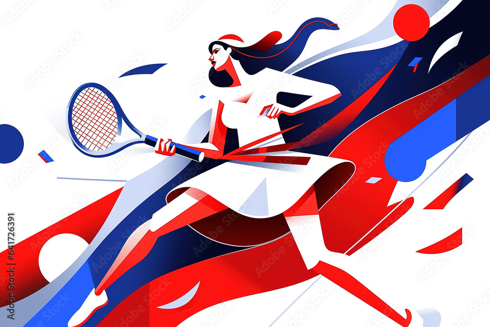 Contemporary art collage. Young girl, professional tennis player in motion during a match on an abst