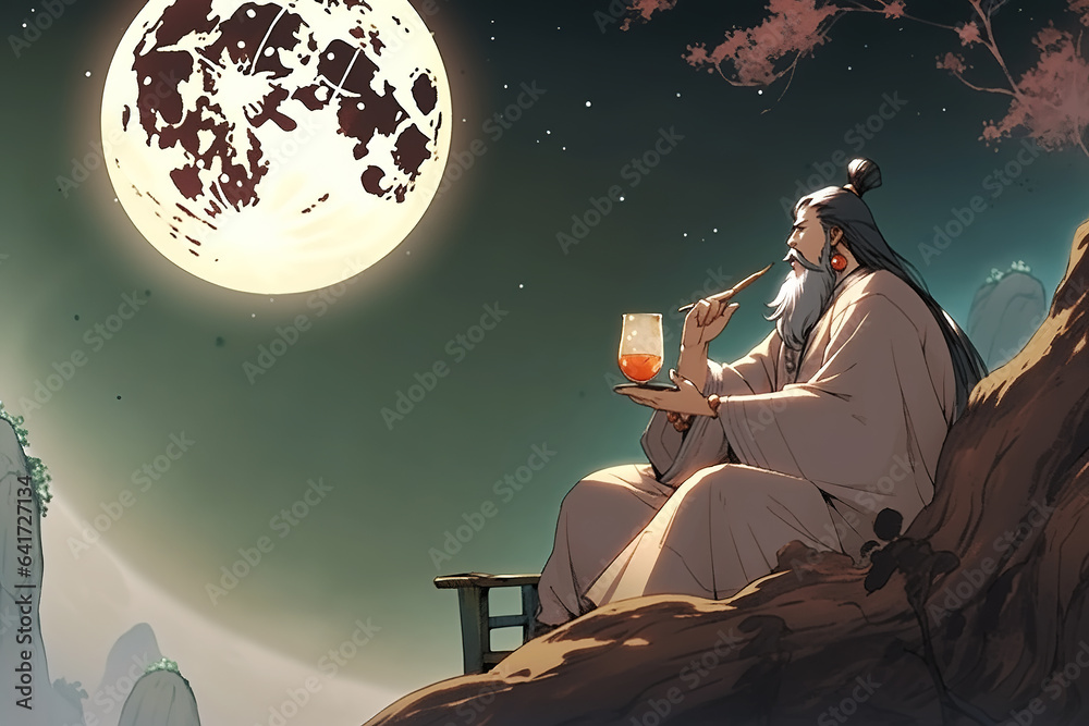 Ancient Chinese poet Li Bai composes poems under the moonlight