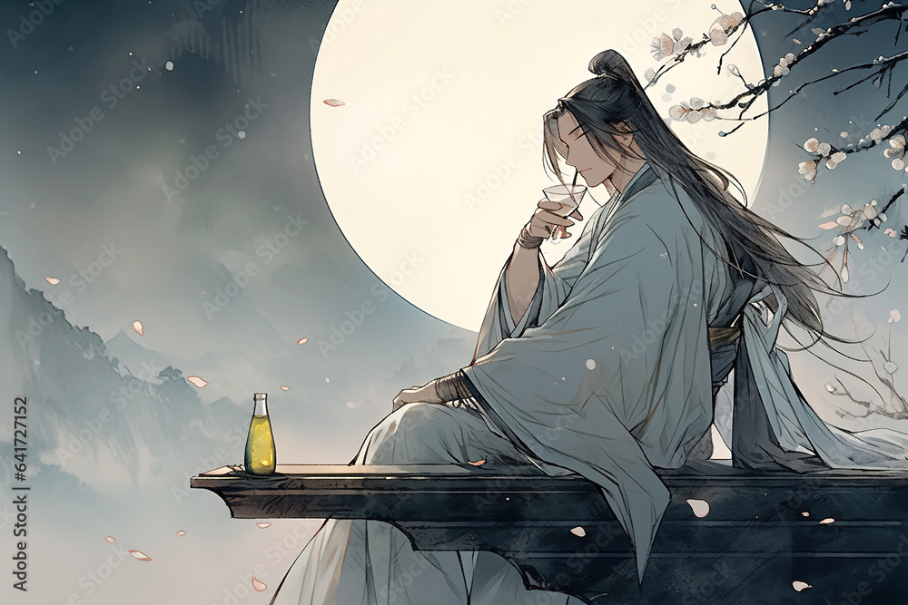 Ancient Chinese poet Li Bai composes poems under the moonlight