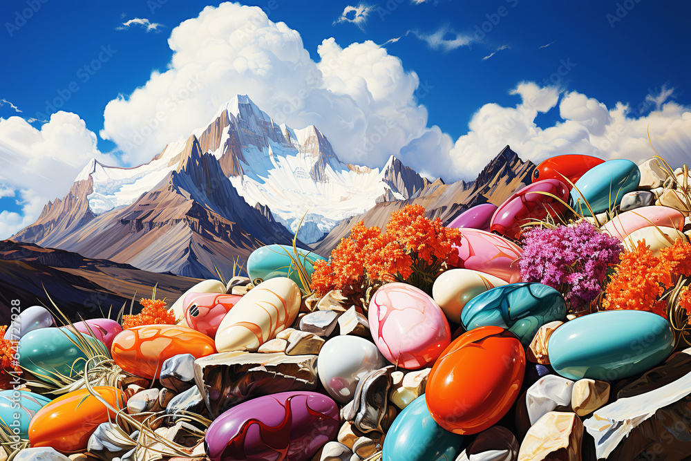 Colorful pebbles under blue sky and white clouds