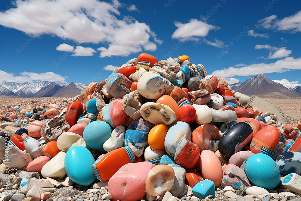 Colorful pebbles under blue sky and white clouds