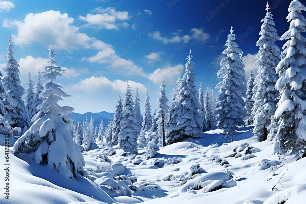 snow mountain and farm under blue sky and white clouds