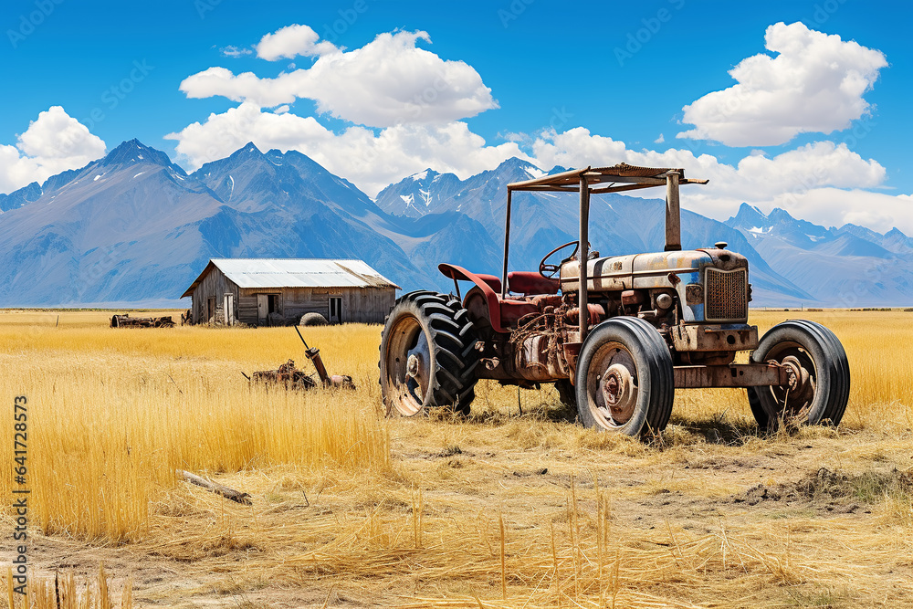 snow mountain and farm under blue sky and white clouds