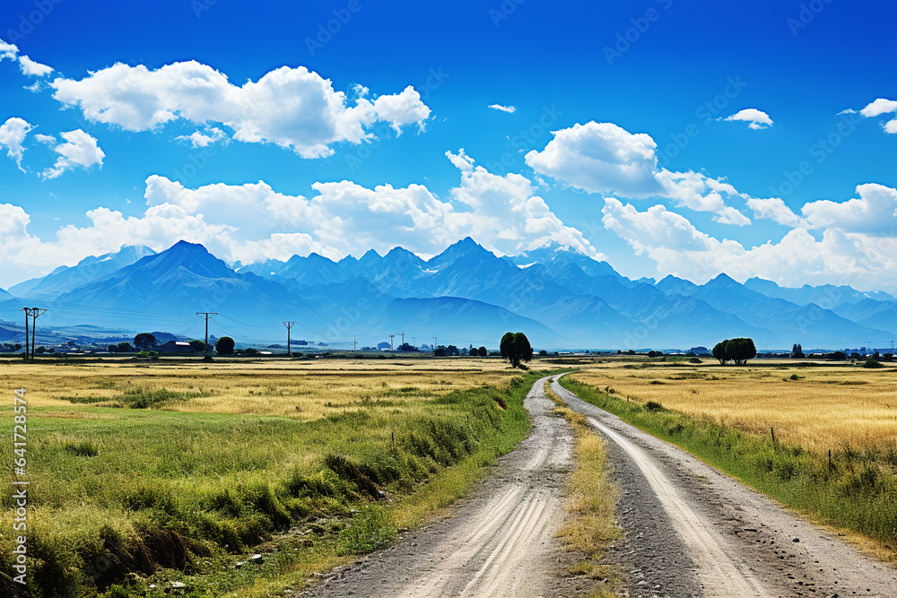 snow mountain and farm under blue sky and white clouds