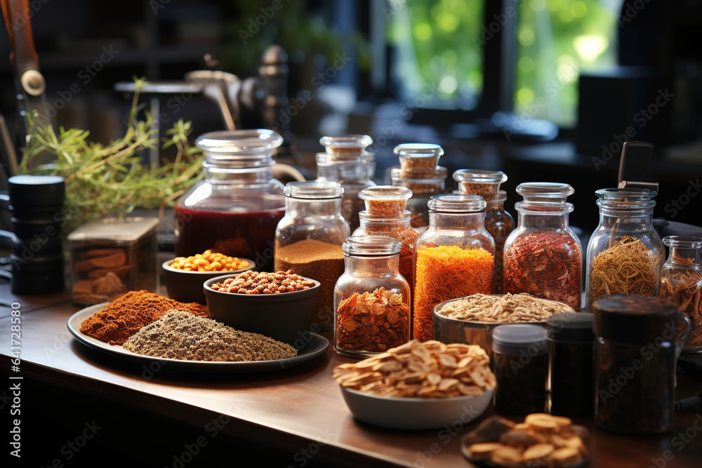 Various seasonings on table in home kitchen