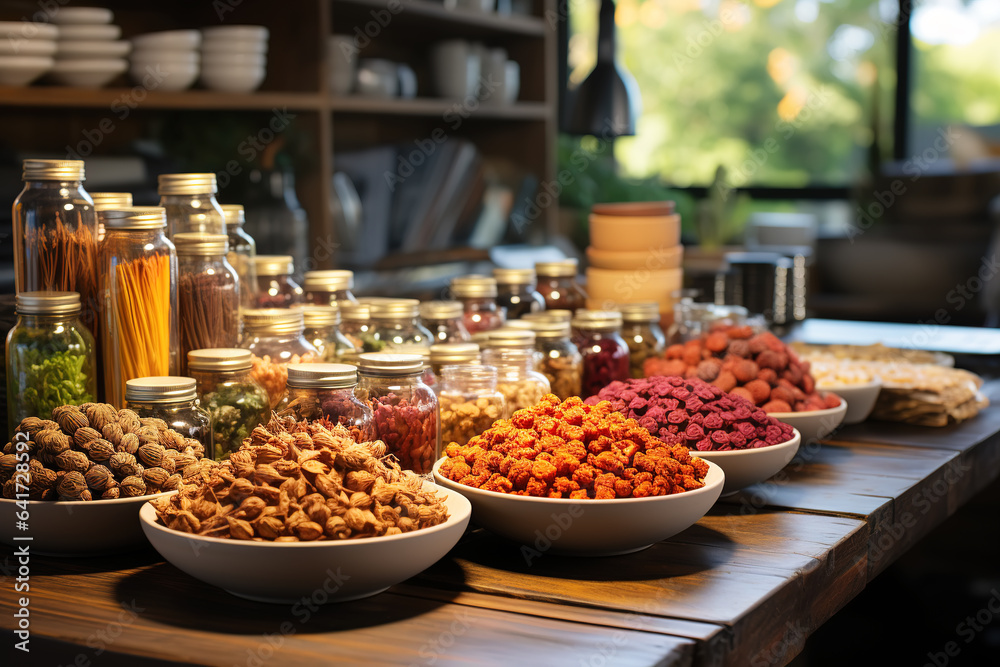 Various seasonings on table in home kitchen