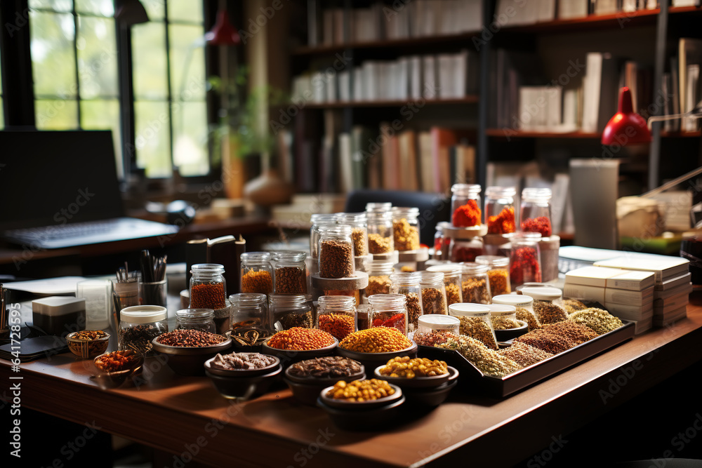 Various seasonings on table in home kitchen