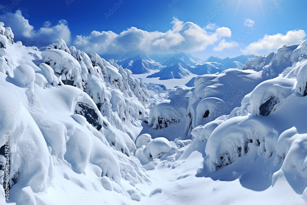 snow mountain and farm under blue sky and white clouds