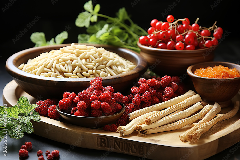 Fresh spices and herbs isolated on black color background